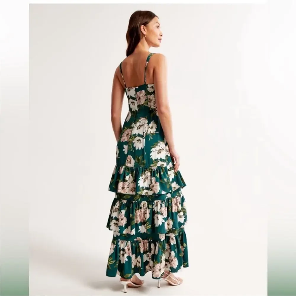 A&F Drama Ruffle Tiered Maxi Dress in Green Floral